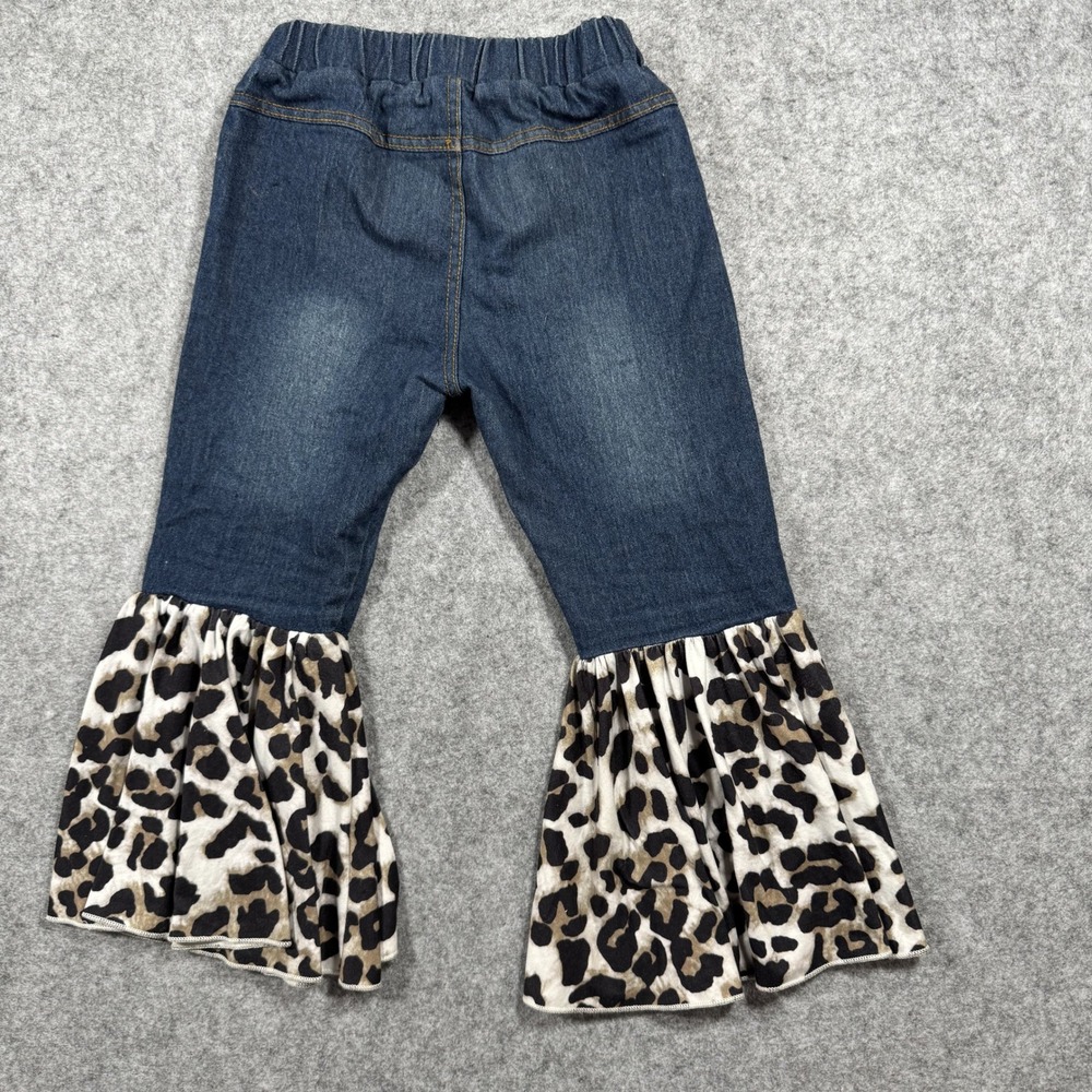 Boutique Leopard Flare Bell Bottom Jeans‎ S Blue Denim Animal Print Ruffle